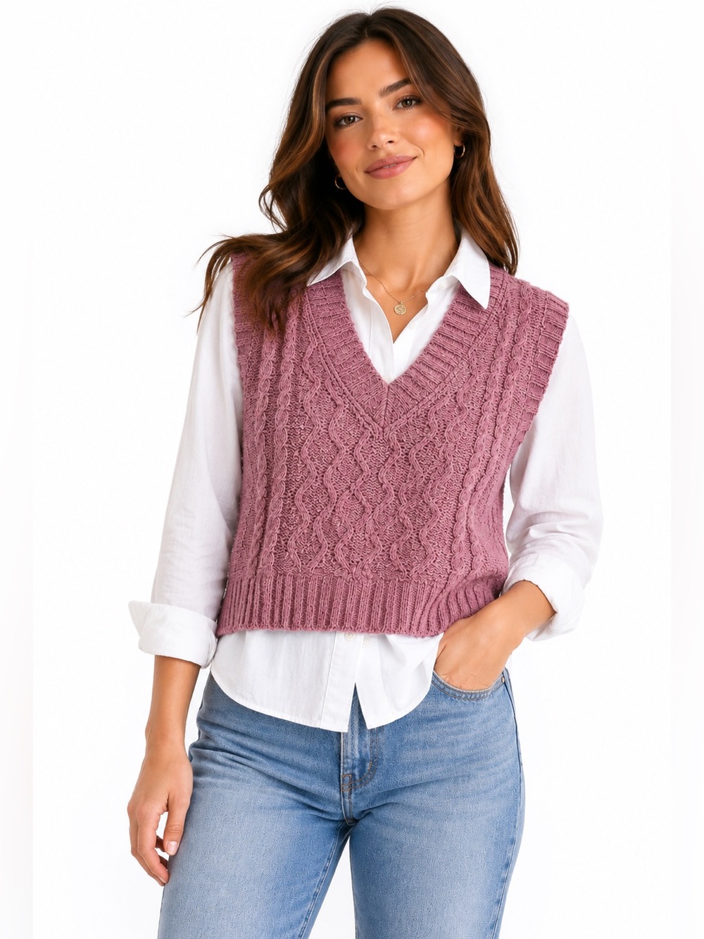 Pink Rose Women’s Mauve Cable Knit V-Neck Sweater Vest Cozy Pullover Size S